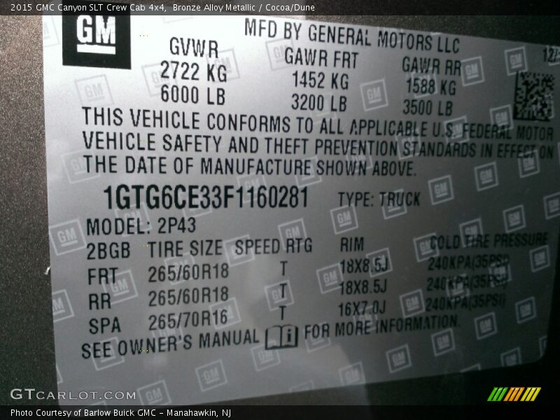 Info Tag of 2015 Canyon SLT Crew Cab 4x4