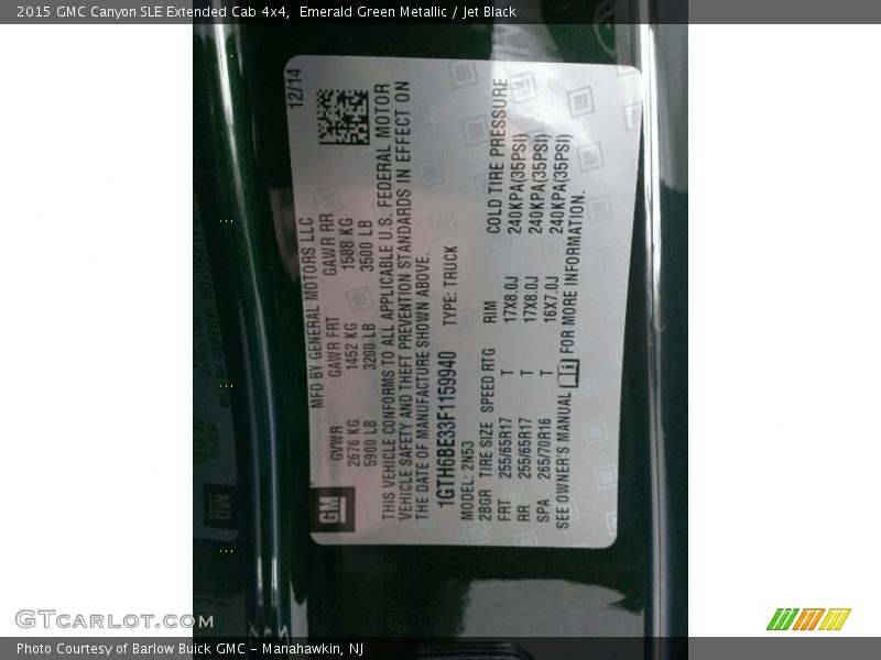 Emerald Green Metallic / Jet Black 2015 GMC Canyon SLE Extended Cab 4x4