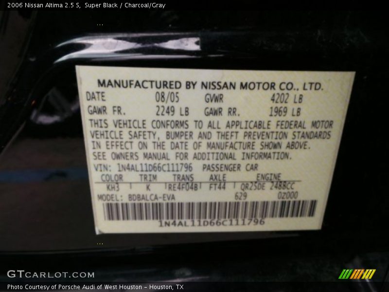 Super Black / Charcoal/Gray 2006 Nissan Altima 2.5 S