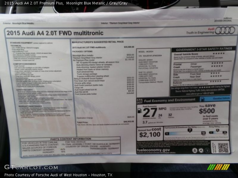 Moonlight Blue Metallic / Gray/Gray 2015 Audi A4 2.0T Premium Plus