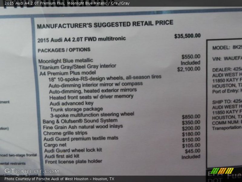 Moonlight Blue Metallic / Gray/Gray 2015 Audi A4 2.0T Premium Plus