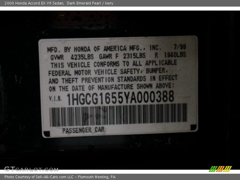 Dark Emerald Pearl / Ivory 2000 Honda Accord EX V6 Sedan