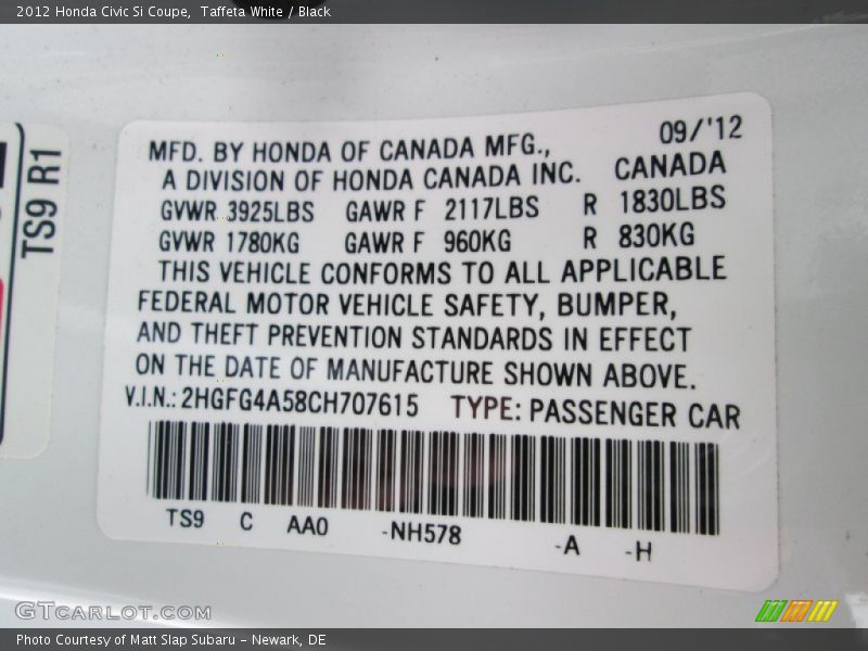 Taffeta White / Black 2012 Honda Civic Si Coupe