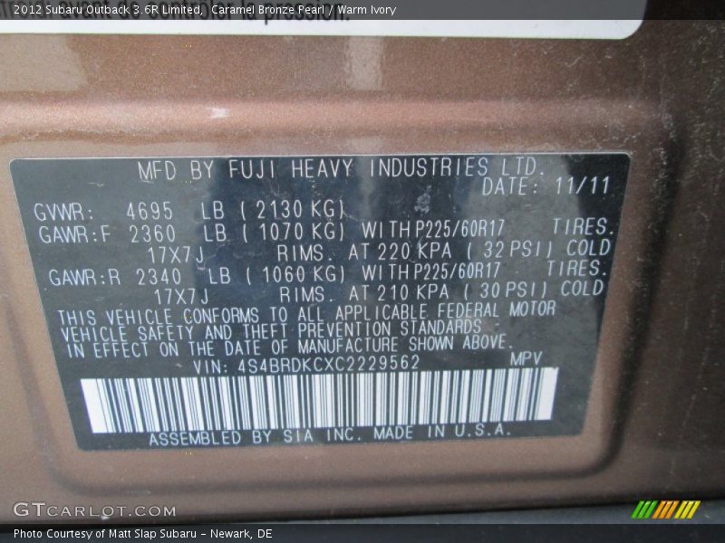 Caramel Bronze Pearl / Warm Ivory 2012 Subaru Outback 3.6R Limited