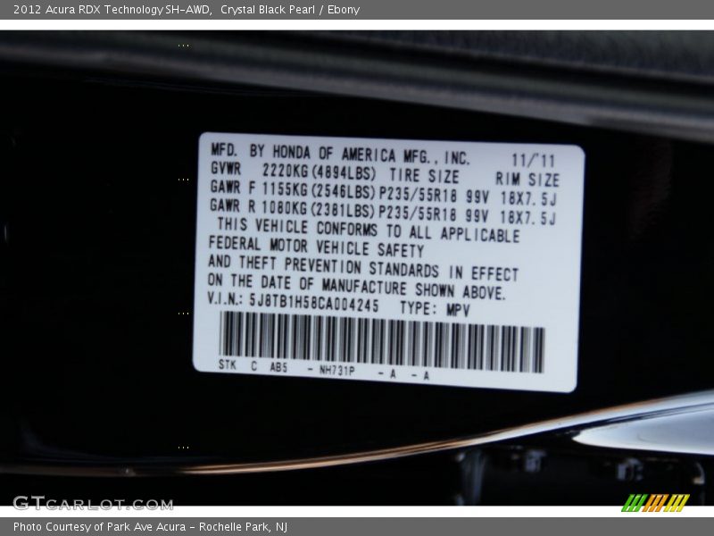 Crystal Black Pearl / Ebony 2012 Acura RDX Technology SH-AWD