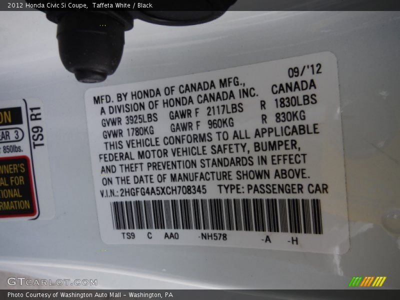 Taffeta White / Black 2012 Honda Civic Si Coupe