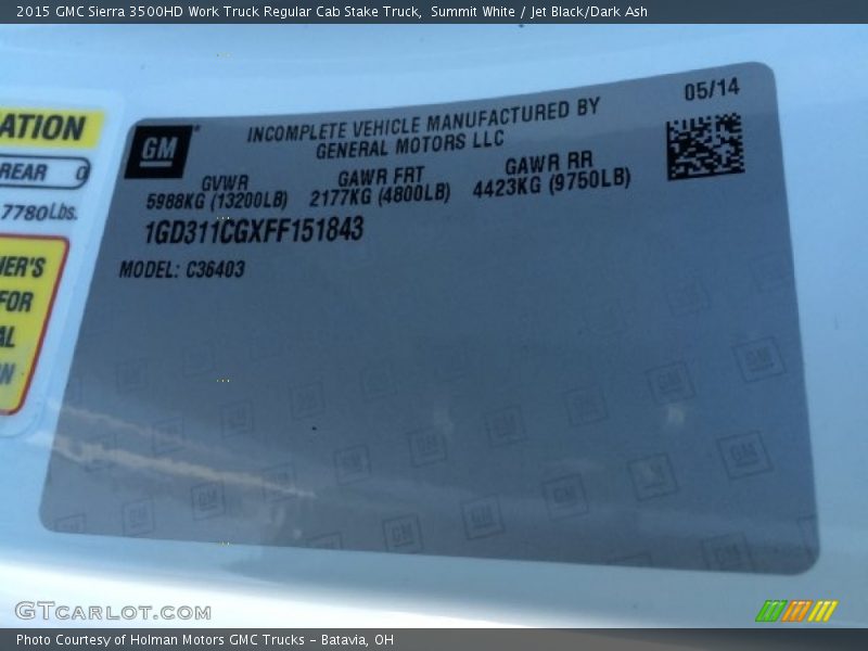 Summit White / Jet Black/Dark Ash 2015 GMC Sierra 3500HD Work Truck Regular Cab Stake Truck