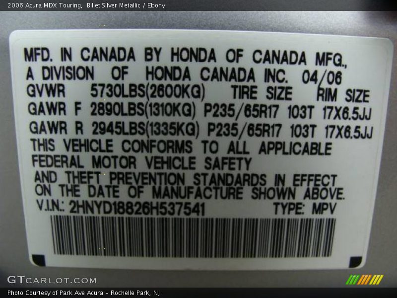 Billet Silver Metallic / Ebony 2006 Acura MDX Touring