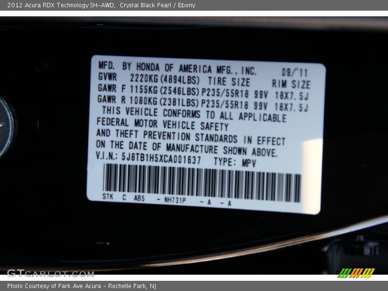 Crystal Black Pearl / Ebony 2012 Acura RDX Technology SH-AWD