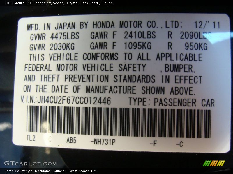 Crystal Black Pearl / Taupe 2012 Acura TSX Technology Sedan
