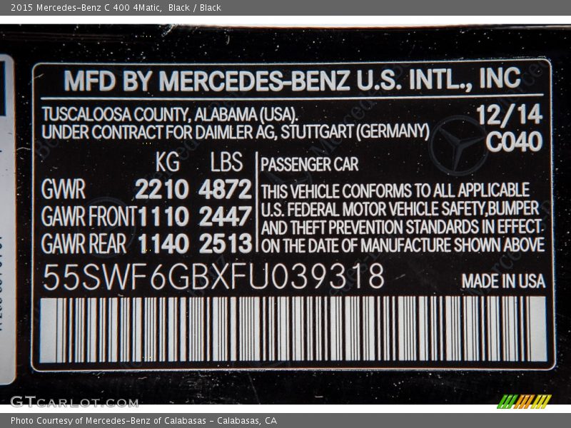 Black / Black 2015 Mercedes-Benz C 400 4Matic