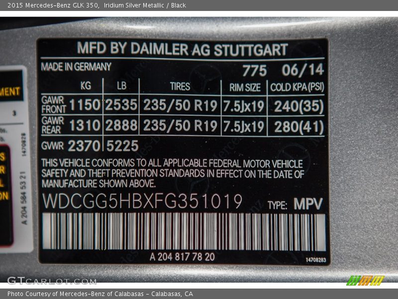 Iridium Silver Metallic / Black 2015 Mercedes-Benz GLK 350