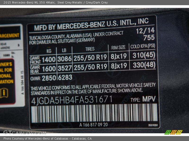2015 ML 350 4Matic Steel Grey Metallic Color Code 755