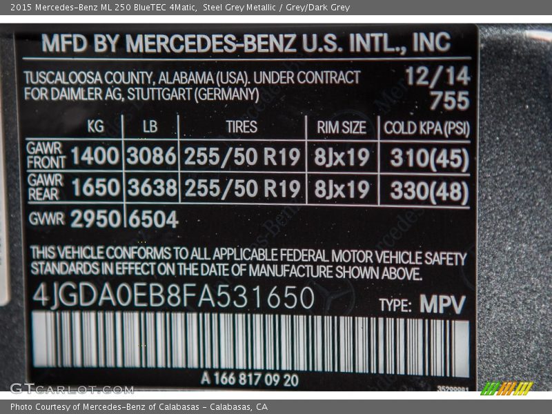 2015 ML 250 BlueTEC 4Matic Steel Grey Metallic Color Code 755