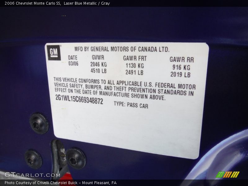 Laser Blue Metallic / Gray 2006 Chevrolet Monte Carlo SS