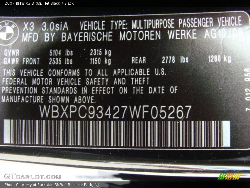 Jet Black / Black 2007 BMW X3 3.0si