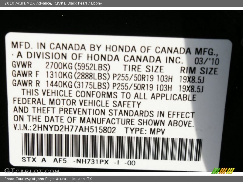 Crystal Black Pearl / Ebony 2010 Acura MDX Advance