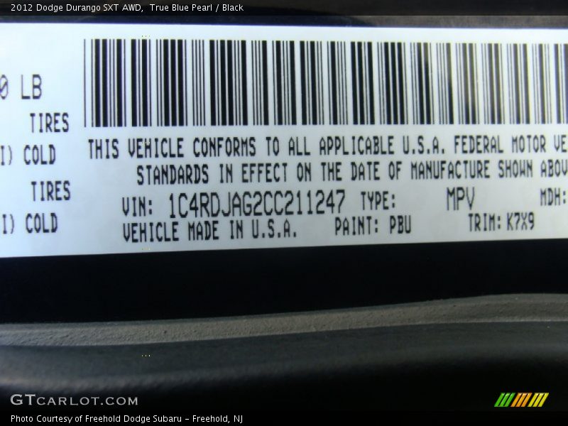 True Blue Pearl / Black 2012 Dodge Durango SXT AWD
