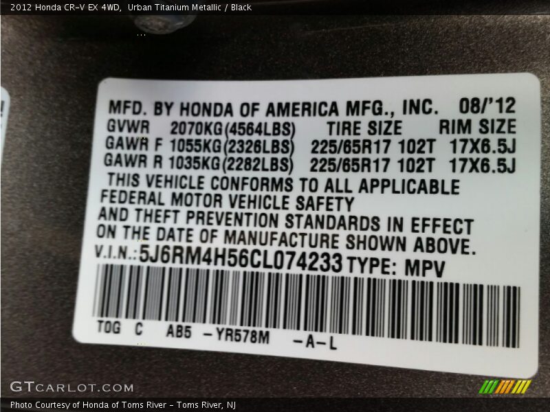Urban Titanium Metallic / Black 2012 Honda CR-V EX 4WD