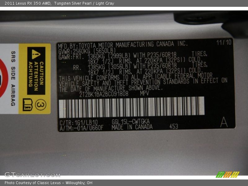 Tungsten Silver Pearl / Light Gray 2011 Lexus RX 350 AWD