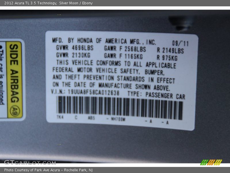 Silver Moon / Ebony 2012 Acura TL 3.5 Technology