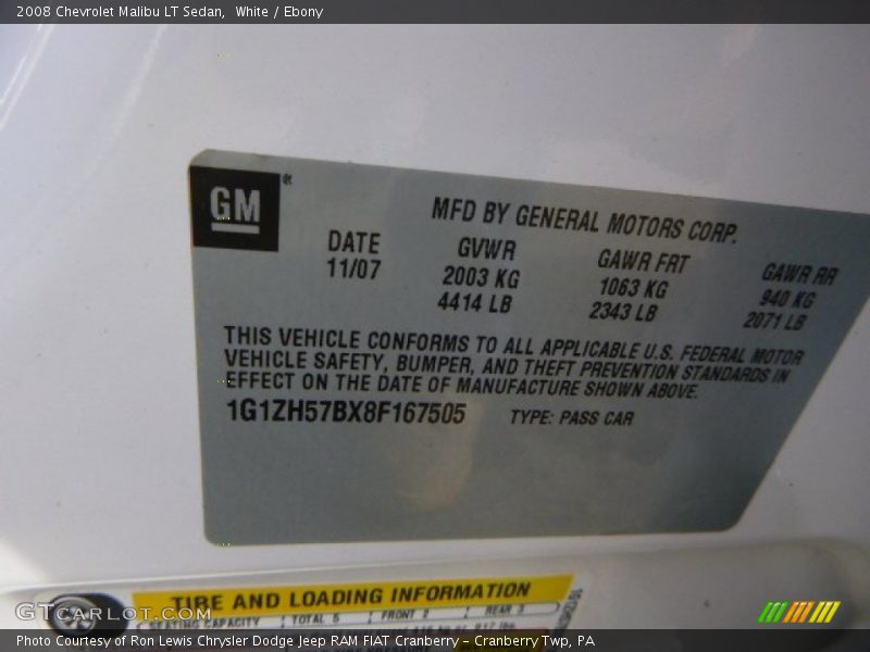 White / Ebony 2008 Chevrolet Malibu LT Sedan