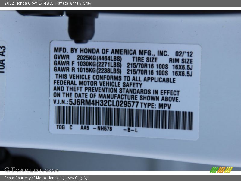 Taffeta White / Gray 2012 Honda CR-V LX 4WD
