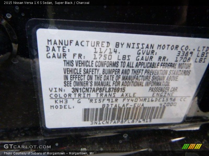 Super Black / Charcoal 2015 Nissan Versa 1.6 S Sedan