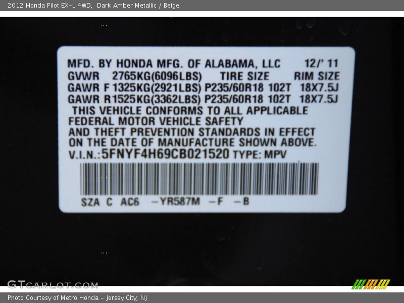 Dark Amber Metallic / Beige 2012 Honda Pilot EX-L 4WD