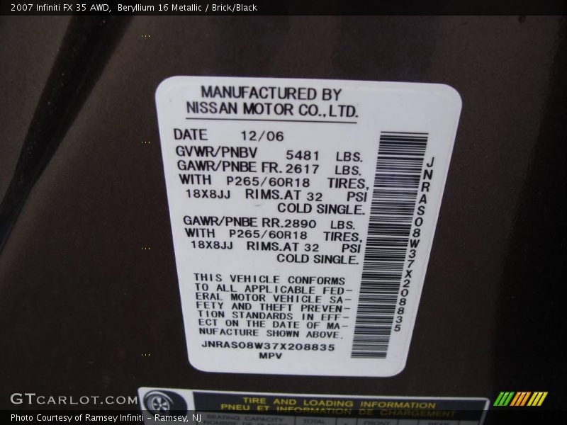 Beryllium 16 Metallic / Brick/Black 2007 Infiniti FX 35 AWD
