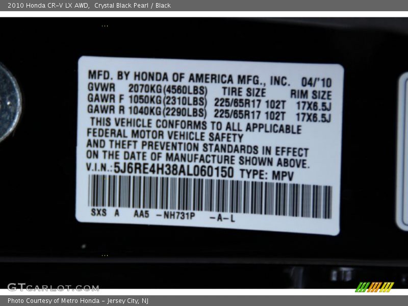 Crystal Black Pearl / Black 2010 Honda CR-V LX AWD