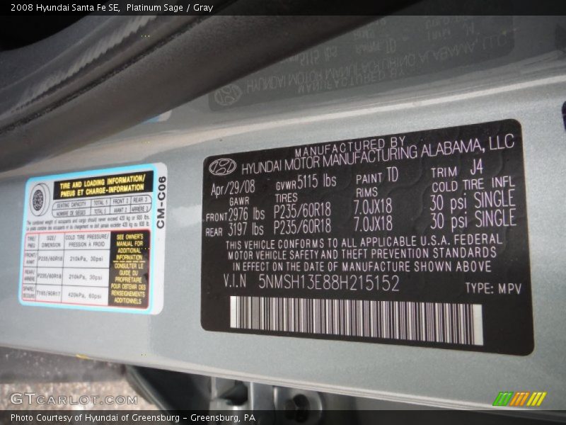 Platinum Sage / Gray 2008 Hyundai Santa Fe SE