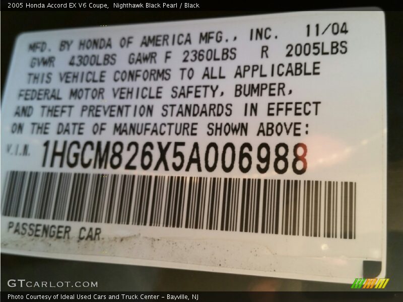 Nighthawk Black Pearl / Black 2005 Honda Accord EX V6 Coupe