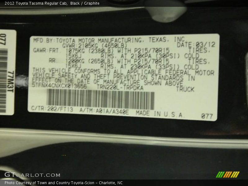 Black / Graphite 2012 Toyota Tacoma Regular Cab