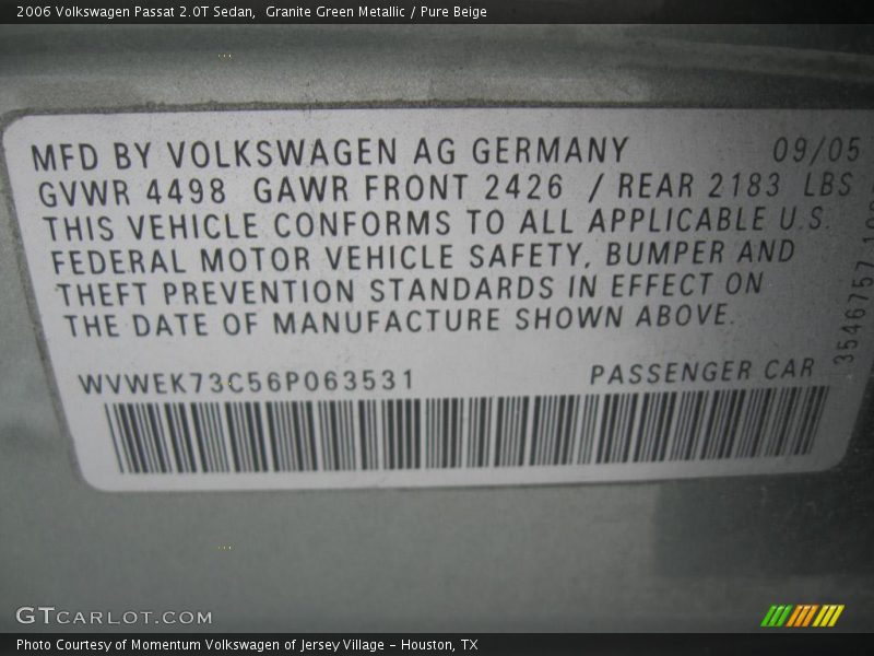 Granite Green Metallic / Pure Beige 2006 Volkswagen Passat 2.0T Sedan