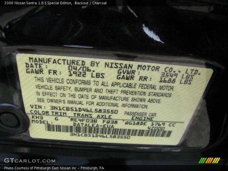 Blackout / Charcoal 2006 Nissan Sentra 1.8 S Special Edition