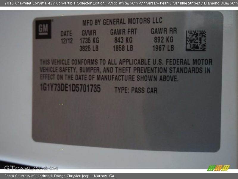 Arctic White/60th Anniversary Pearl Silver Blue Stripes / Diamond Blue/60th Anniversary Design Package 2013 Chevrolet Corvette 427 Convertible Collector Edition