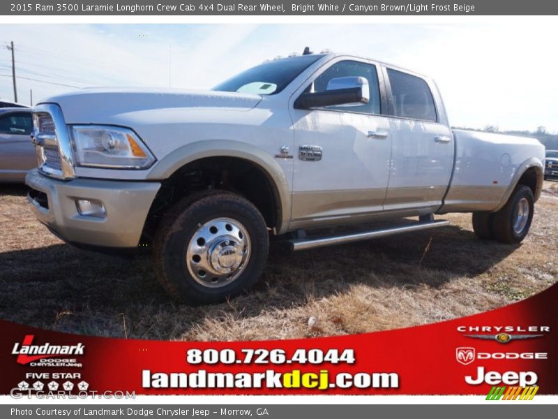 Bright White / Canyon Brown/Light Frost Beige 2015 Ram 3500 Laramie Longhorn Crew Cab 4x4 Dual Rear Wheel