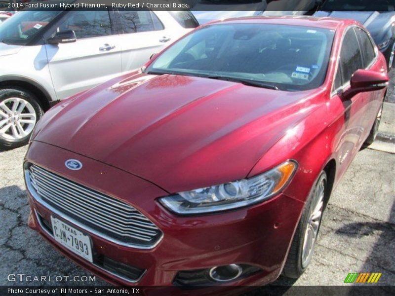 Ruby Red / Charcoal Black 2014 Ford Fusion Hybrid Titanium