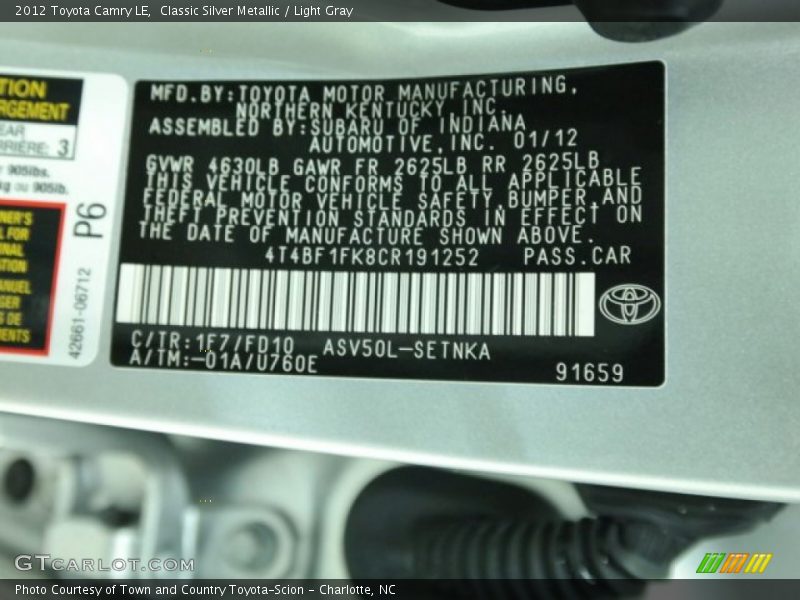 Classic Silver Metallic / Light Gray 2012 Toyota Camry LE