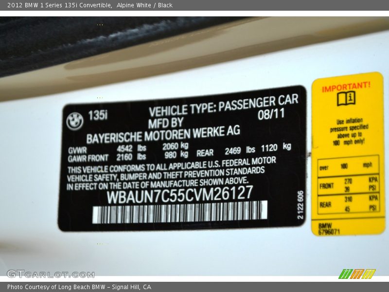 Alpine White / Black 2012 BMW 1 Series 135i Convertible