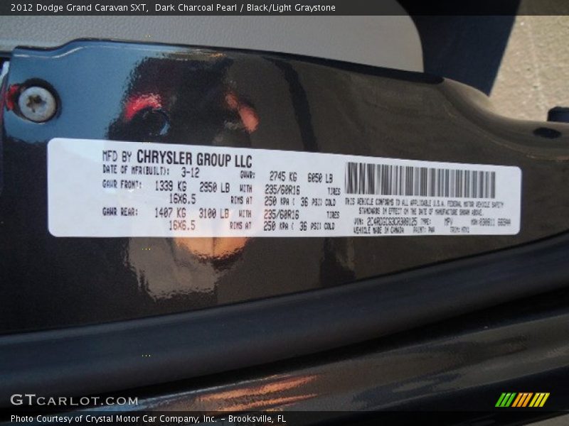 Dark Charcoal Pearl / Black/Light Graystone 2012 Dodge Grand Caravan SXT