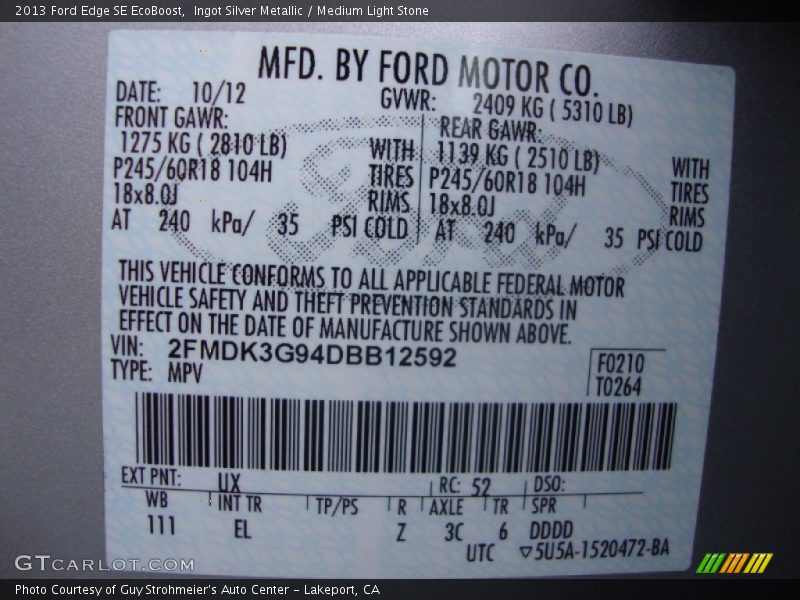Ingot Silver Metallic / Medium Light Stone 2013 Ford Edge SE EcoBoost