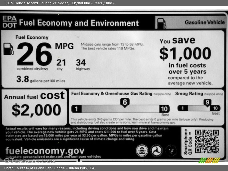 Crystal Black Pearl / Black 2015 Honda Accord Touring V6 Sedan