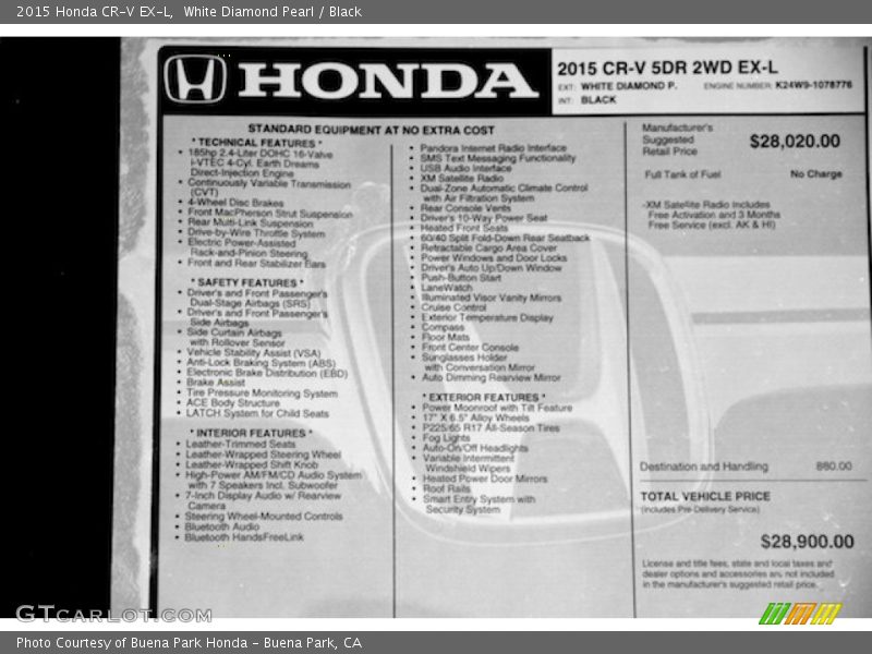 White Diamond Pearl / Black 2015 Honda CR-V EX-L