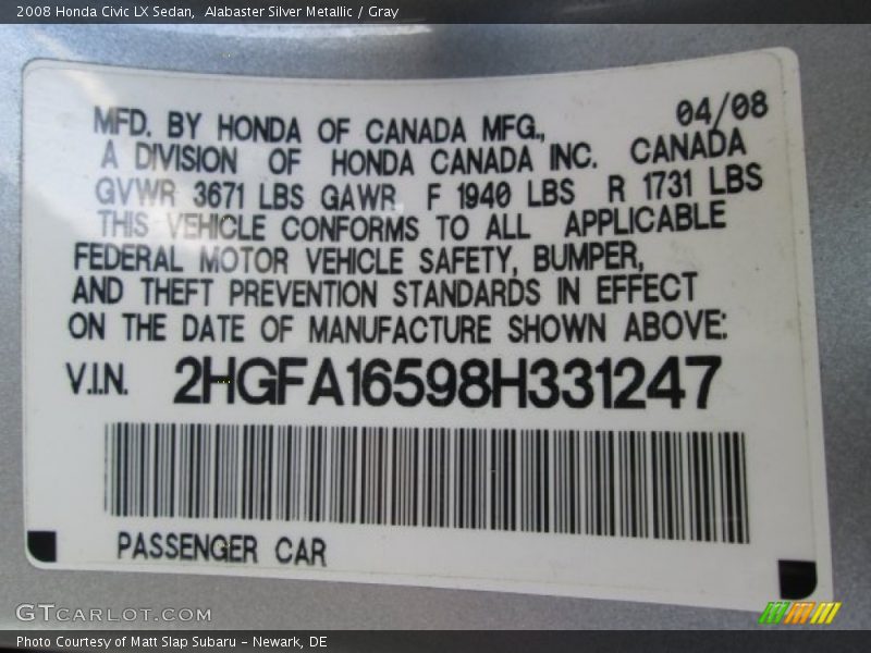 Alabaster Silver Metallic / Gray 2008 Honda Civic LX Sedan