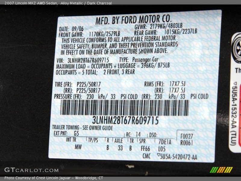 Alloy Metallic / Dark Charcoal 2007 Lincoln MKZ AWD Sedan