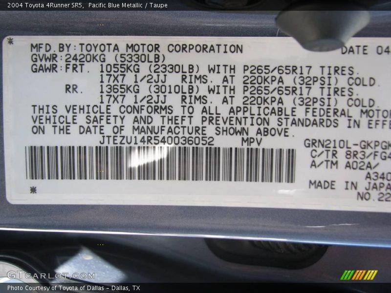Pacific Blue Metallic / Taupe 2004 Toyota 4Runner SR5