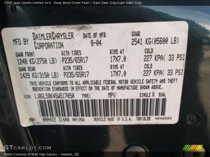 Deep Beryl Green Pearl / Dark Slate Gray/Light Slate Gray 2005 Jeep Liberty Limited 4x4