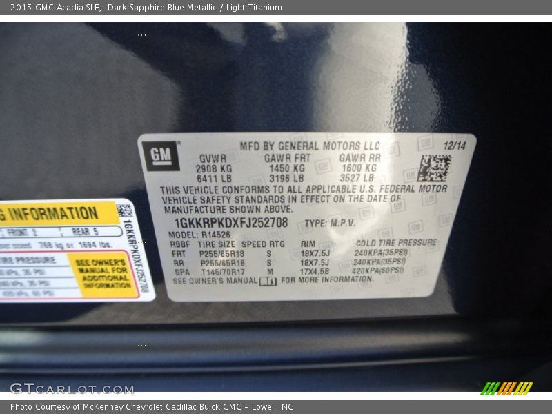 Dark Sapphire Blue Metallic / Light Titanium 2015 GMC Acadia SLE